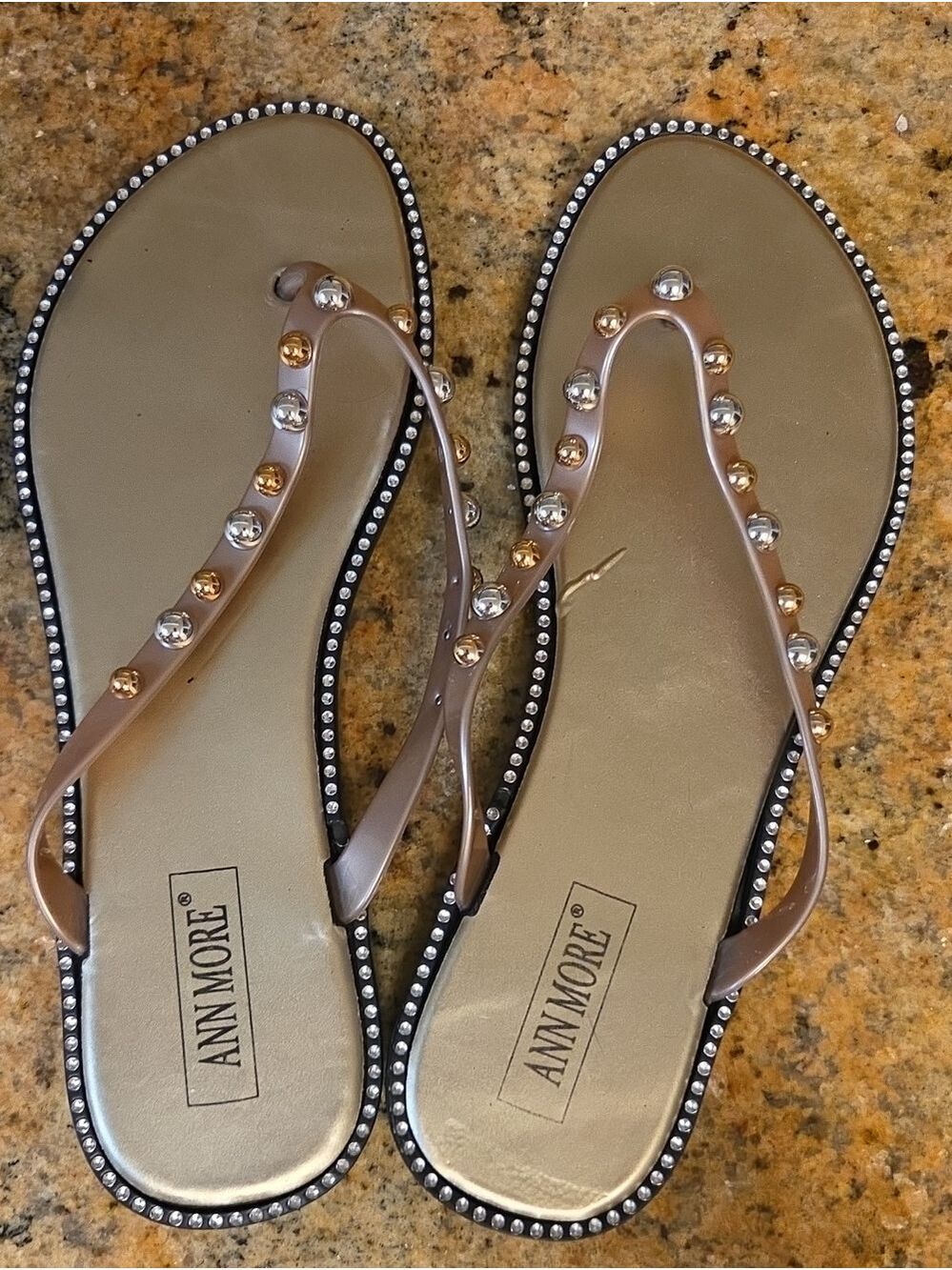 ANN MORE Taupe Metallic Stud Thong Sandals Size 10